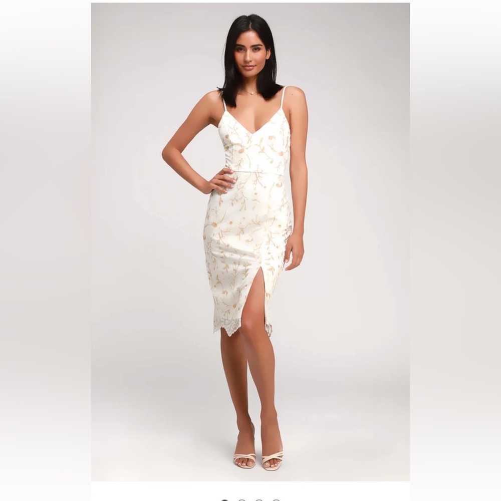 Lulus Starleena Cream and Taupe Floral Embroidered Bodycon Midi Dress (NWT)